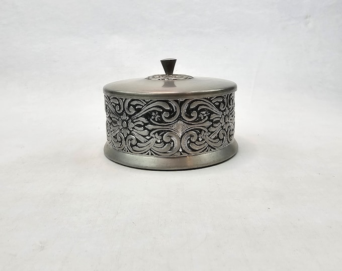 Handmade Norwegian Folk Art Jewelry Box - Pewter Tin with Nordic Motifs - Mid-Century Vintage