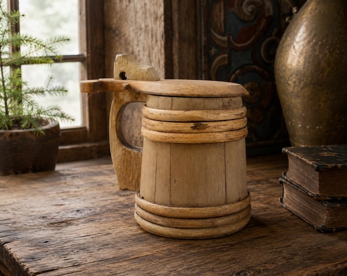 Antique Norwegian Wooden Beer Tankard 1800s | Primitive Stave Ale Mug Pitcher | Traditional Scandinavian Folk Art Cabin Collectible