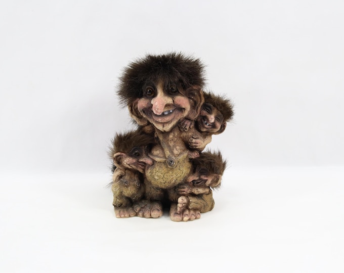 NyForm Troll Family Man 267 | Norwegian Troll Father With Three Children | Handmade Norway Figurine 1970s Vintage Scandinavian Decor