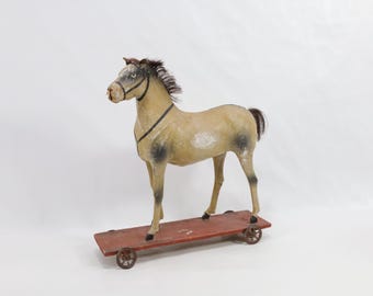 Antique German Handmade Horse Toy from the 1800s - Collectible Figure with Patina - Interior Decor Accent