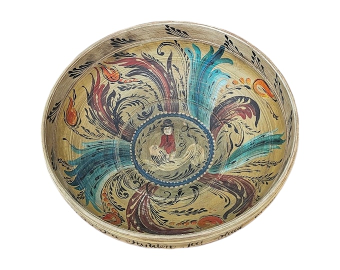 Exquisite Rosemaled Ale Bowl with Horse and Rider Motif - Stunning Collectible from the 19th Century - Vintage Norwegian folk art