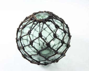 Unique RARE Old Fishing Float with Netted Hemp - Norwegian Glass Float with Olive Green Color
