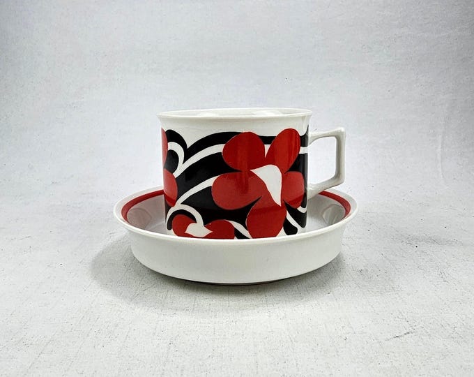 Rare Grete Ronning Tea Cup Porsgrund Porcelain 1970s Retro Red Floral Prototype Norwegian Design