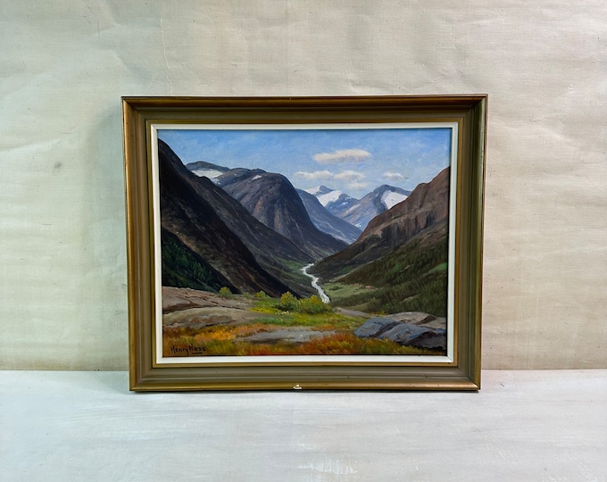 Vintage Oil Painting on Canvas by Henry Næss - Norwegian Landscape - 1970s Art - Mountain Valley Motif