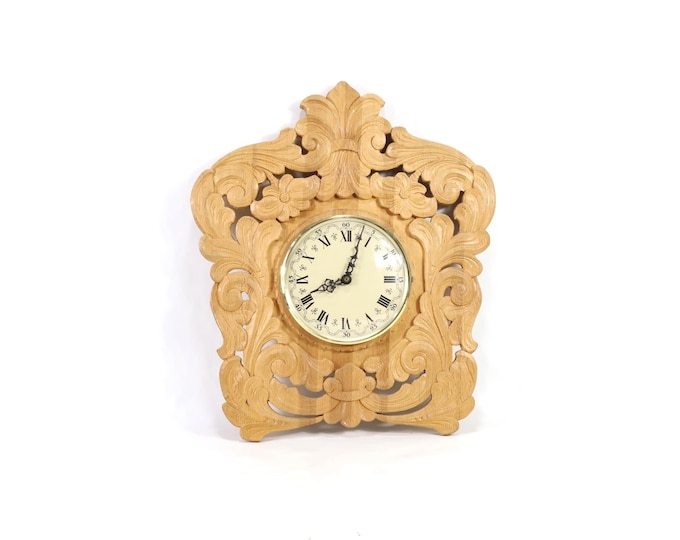 Norwegian Hand Carved Wall Clock | 1980s Rose Painting Design | German Quartz Movement | Authentic Folk Art