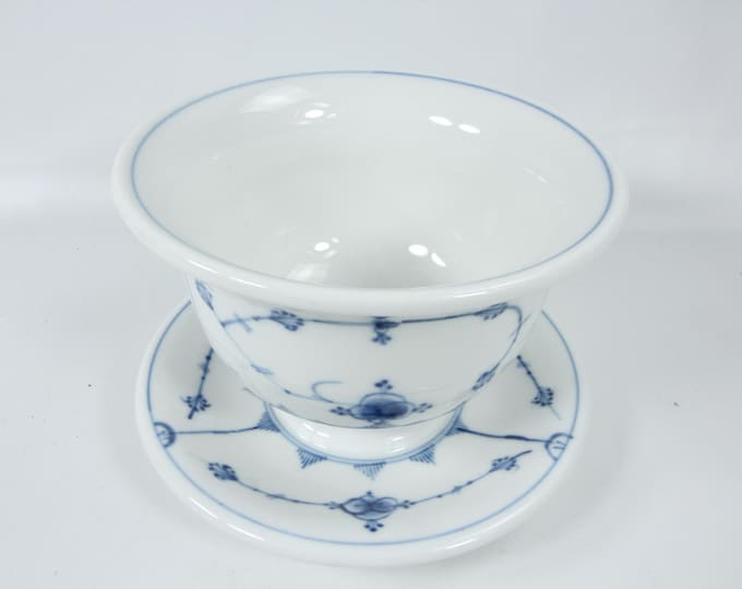 Hand-Painted Porsgrunn Porcelain round serving bowl with Blue Straw Design - Blue fluted design
