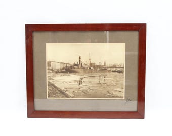 Antique Norwegian photograph signed, steamship in icy harbor Oslo circa 1900, sepia maritime city view in vintage wooden frame