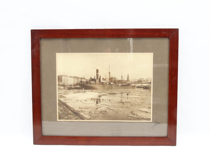 Antique Norwegian photograph signed, steamship in icy harbor Oslo circa 1900, sepia maritime city view in vintage wooden frame