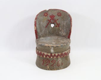 Antique Norwegian Miniature Log Chair Kubbestol | Dated 1926 | Hand Carved Folk Art Wooden Stool | Scandinavian Rustic Decor