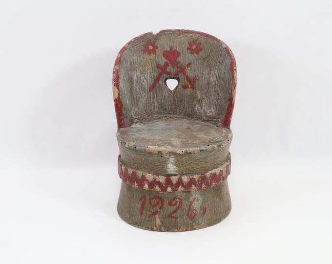 Antique Norwegian Miniature Log Chair Kubbestol | Dated 1926 | Hand Carved Folk Art Wooden Stool | Scandinavian Rustic Decor