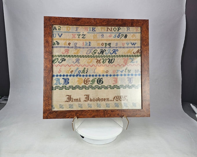 Rare Antique Norwegian 19th C Dated 1885 Whitework Sampler - Norwegian Alphabet and Number Sampler with Beautiful Church Motif
