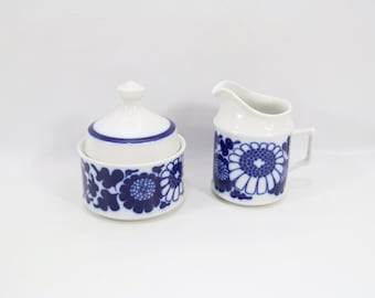 Norwegian Blue Sugar Bowl & Creamer 1970s | Marguerite Cobalt Floral | Scandinavian Porcelain Set