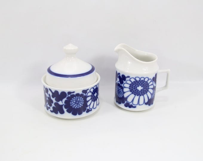 Norwegian Blue Sugar Bowl & Creamer 1970s | Marguerite Cobalt Floral | Scandinavian Porcelain Set