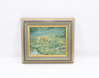 Norwegian Porcelain Wildlife Picture 1988 | Roe Deer Meadow Scene by Jan Petter Bratsberg | Framed Scandinavian Nature Art