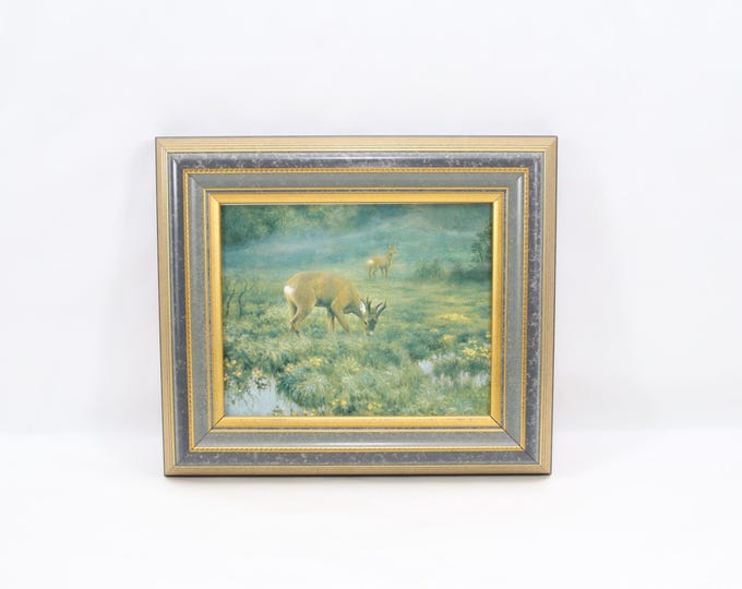 Norwegian Porcelain Wildlife Picture 1988 | Roe Deer Meadow Scene by Jan Petter Bratsberg | Framed Scandinavian Nature Art