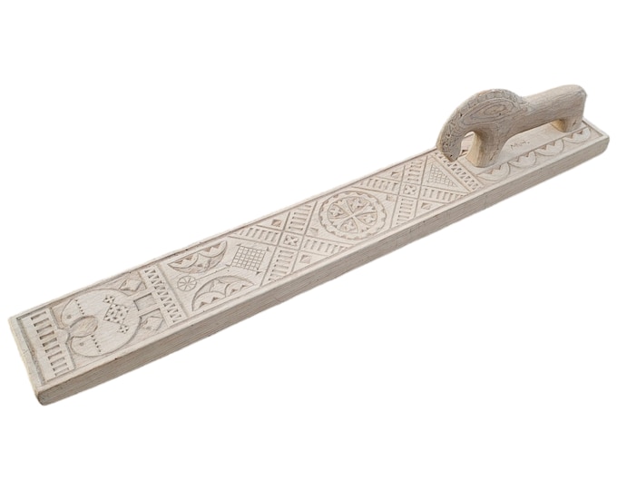Vintage Norwegian Mangle Board: Antique Wooden Tool with Chip Carving, Dated 1970