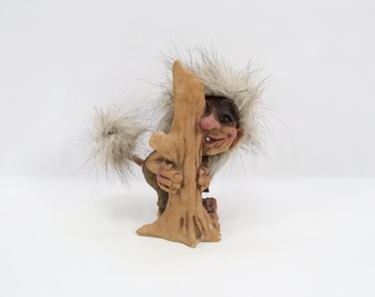 NyForm Laughing Troll Behind Tree Figurine Model 174 | Norwegian Handmade Troll | Vintage 1990s Scandinavian Folk Art Decor