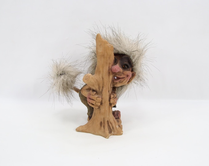 NyForm Laughing Troll Behind Tree Figurine Model 174 | Norwegian Handmade Troll | Vintage 1990s Scandinavian Folk Art Decor