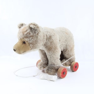 Rare Steiff Button Bear, Vintage Toy, Young Bear on Wheels, 1960s Pull-Along Toy, Teddy Bear, Mohair Masked Bear