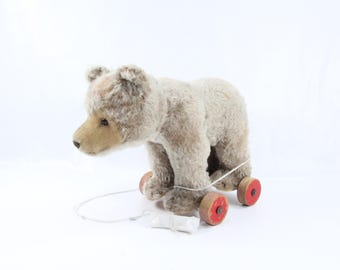 Rare Steiff Button Bear, Vintage Toy, Young Bear on Wheels, 1960s Pull-Along Toy, Teddy Bear, Mohair Masked Bear