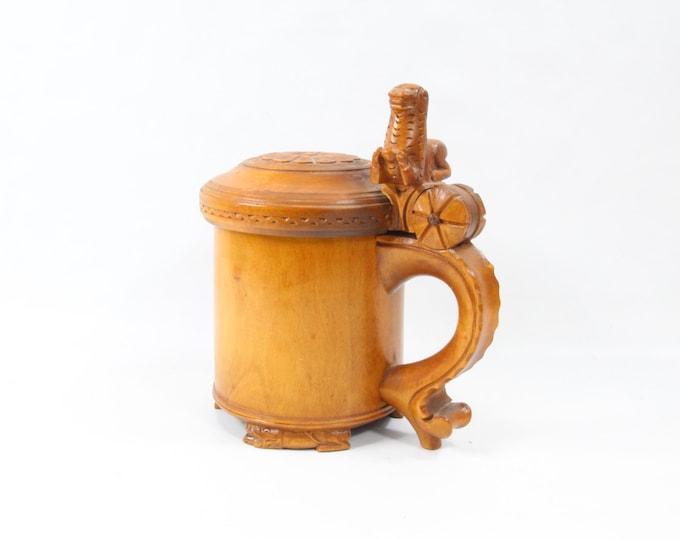 Fantastic vintage Lion Head Beer Tankard - Hand Carved Norwegian Folk Art Stein - Unique hand made folk art drink vessel