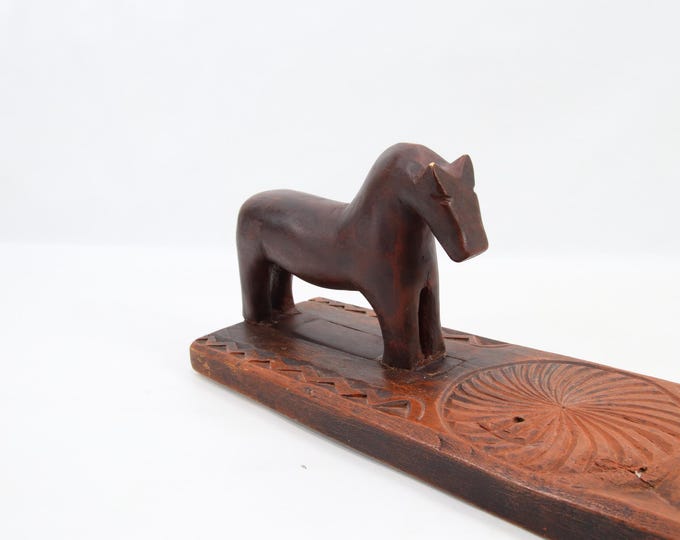Antique Norwegian Mangle Board 1800s | Hand Carved Wooden Mangletre With Horse Handle | Scandinavian Folk Art Tool