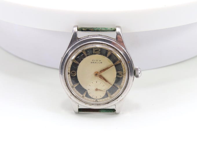 Vintage City Bravur Swiss Manual Wind Wristwatch – Two-Tone Dial, Small Seconds, Stainless Steel Case, ca. 1950s