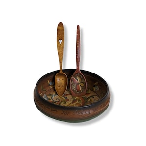 Lott with Norwegian folk-art from the 1980s, Telemark rosemaling,Farmhouse primitive antiques,rosemaling,folkart,hand carved, Bowl and spoon