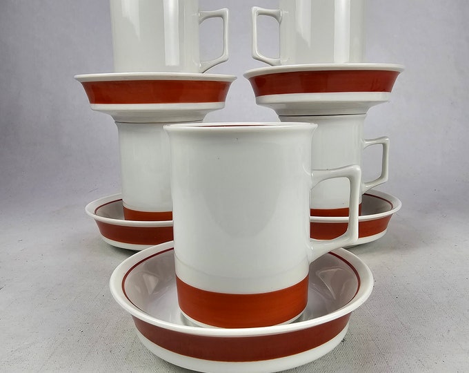 Porsgrund Marguerite Red Rand Coffee Set | Grete Ronning 1970s | Norwegian Mid Century Porcelain | 5 Cups