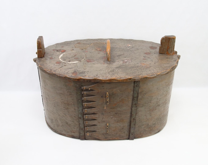 Rare 19th Century Norwegian Tine Bentwood Box | Large 23.5" Antique Traveling Chest | Museum Quality Folk Art | Iron Bands & Wax Seals