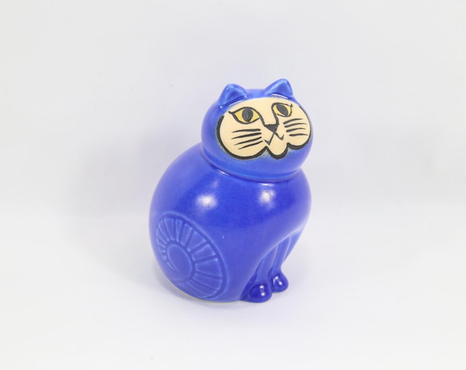 Lisa Larson Mia Mini Blue Cat Figurine | Vintage Scandinavian Stoneware by Gustavsberg Sweden | 1990s Nordic Ceramic Animal Decor