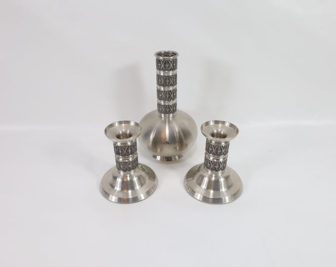 Haugrud Norway Pewter Vase | Pewter Candlestick Holders | Scandinavian Decor | Handmade Pewter Set 1970s