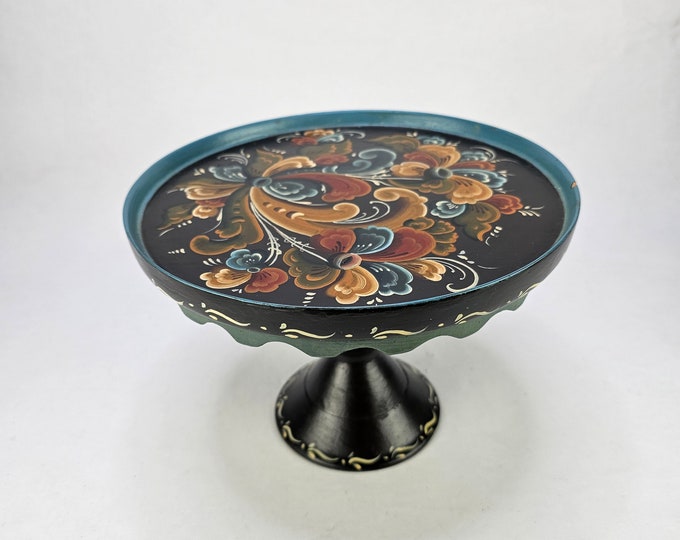 Norwegian Wooden Cakestand - Vintage wooden cupcake stand - cake pedestal display - Norwegian folkart rosepaint