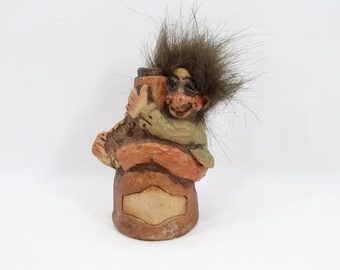 Fosse Troll Figurine With Barrel | Norwegian Fosse Troll Art 411 | Handmade Norway Folklore Figure | Vintage 2000s Scandinavian Troll