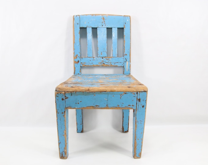 1910s Norwegian Child Chair | Primitive Blue Painted Wood | Rustic Decorative Accent Plant Stand | Folk Art Stool