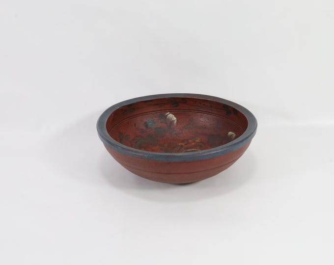 Antique Norwegian Ale Bowl with Charming Rosemaling Motif - Rustic Wedding Table Decoration