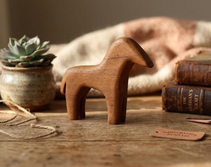 Vintage Teak Horse Sculpture | 1960s Scandinavian Modern Wooden Animal Art, Small Wooden Horse Figurine