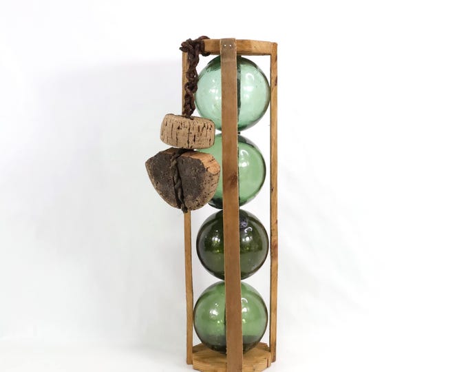 1920s Norwegian Yarn Float Set in Wooden Box | 4 Hand Blown Glass Floats from Laurvig & Bergen | Vintage Maritime Decor