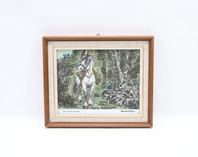 Vintage Norwegian Porcelain Wall Art – Signed Harald Kihle Porsgrund Folk Scene with Woman on Horse, Forest Landscape Décor