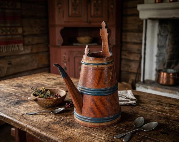 1853 Norwegian Tutekanne Beer Pitcher | Antique Wooden Stave Ale Vessel Folk Art Hand Painted Primitive Farmhouse Decor