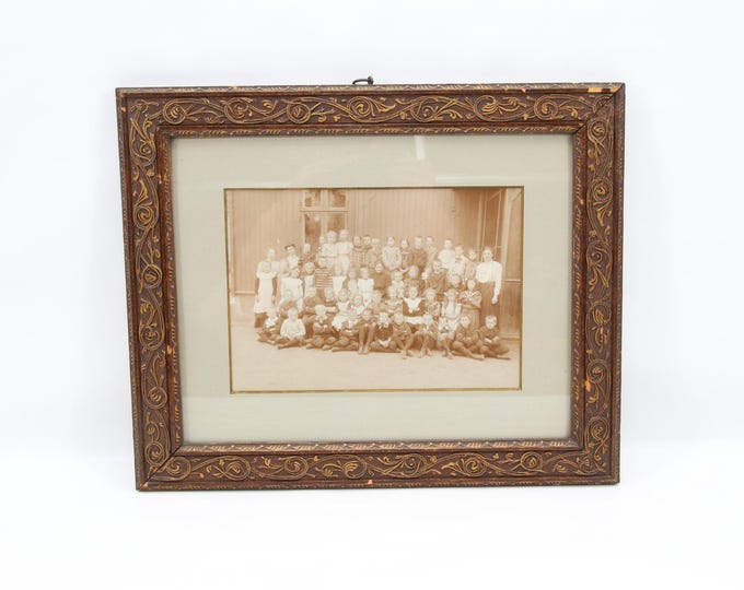 Norwegian School Class Photograph 1910s | Antique Framed Sepia Photo with Ornate Gilt Wood Frame | Early 20th Century Norway