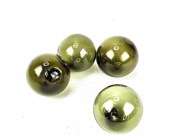 Set of 4 Rare Small Olive Green Glass Fishing Floats | Early 1900s Norwegian Hand Blown Sea Glass | Vintage Nautical Decor