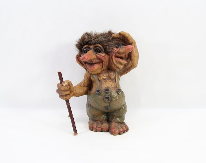 NyForm Double Headed Troll Figurine | Model 101 Norwegian Handmade Troll With Walking Stick | Vintage 1970s Scandinavian Folk Art Decor