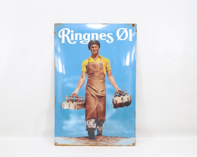 Vintage Ringnes Øl Enamel Sign | 1950s Norwegian Beer Advertising | Large Porcelain Brewery Sign with Delivery Man