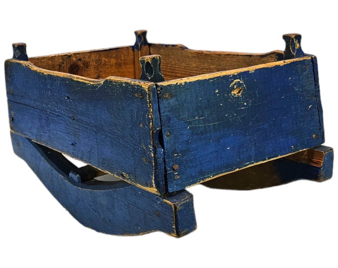 Antique Wooden Doll Cradle - Hand Painted Farm Blue folkart - Perfect Display for Antique Dolls