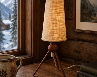 Mid Century Modern Teak Tripod Table Lamp 1950s | Vintage Scandinavian Design Rocket Desk Lamp | Retro Danish Modern Wood Light Accent