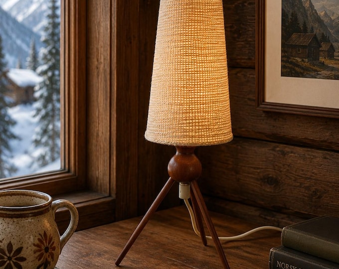 Mid Century Modern Teak Tripod Table Lamp 1950s | Vintage Scandinavian Design Rocket Desk Lamp | Retro Danish Modern Wood Light Accent