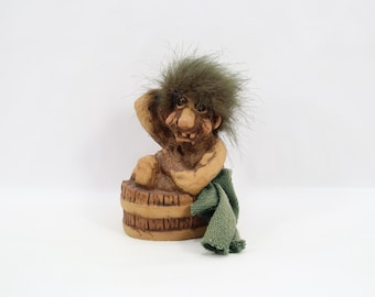 Fosse Troll In Wooden Hot Tub Figurine No 411 | Norwegian Handmade Troll | Vintage 1990s Scandinavian Folk Art Decor