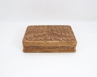 1960s Kashmiri Carved Wooden Puzzle Box | Hand Carved Indian Secret Lock Box | Vintage Jewelry Storage Case