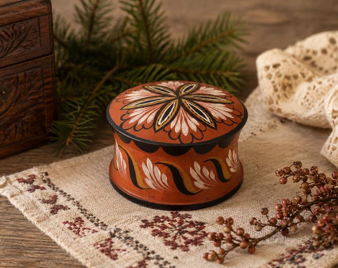Vintage Norwegian Rosemaling Jewelry Box | Hand Painted Scandinavian Folk Art Wood Box | 1980s Nordic Keepsake Chest | Small Round Pill Box
